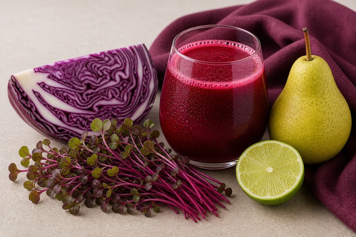 Beet Microgreen Red Cabbage Pear in a clear glass with fresh beet microgreens, red cabbage, pear, and lime, and deep plum linen.