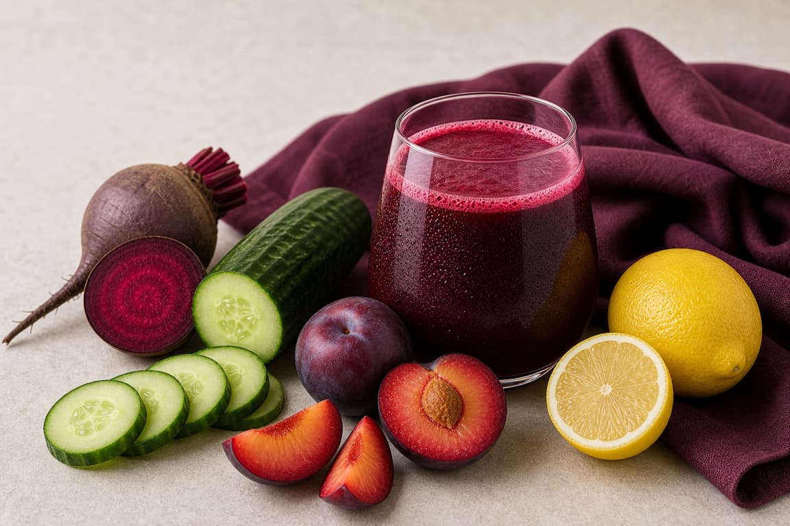 Beet Plum Lemon in a clear glass with fresh beet, plum, cucumber, lemon, and deep plum linen.