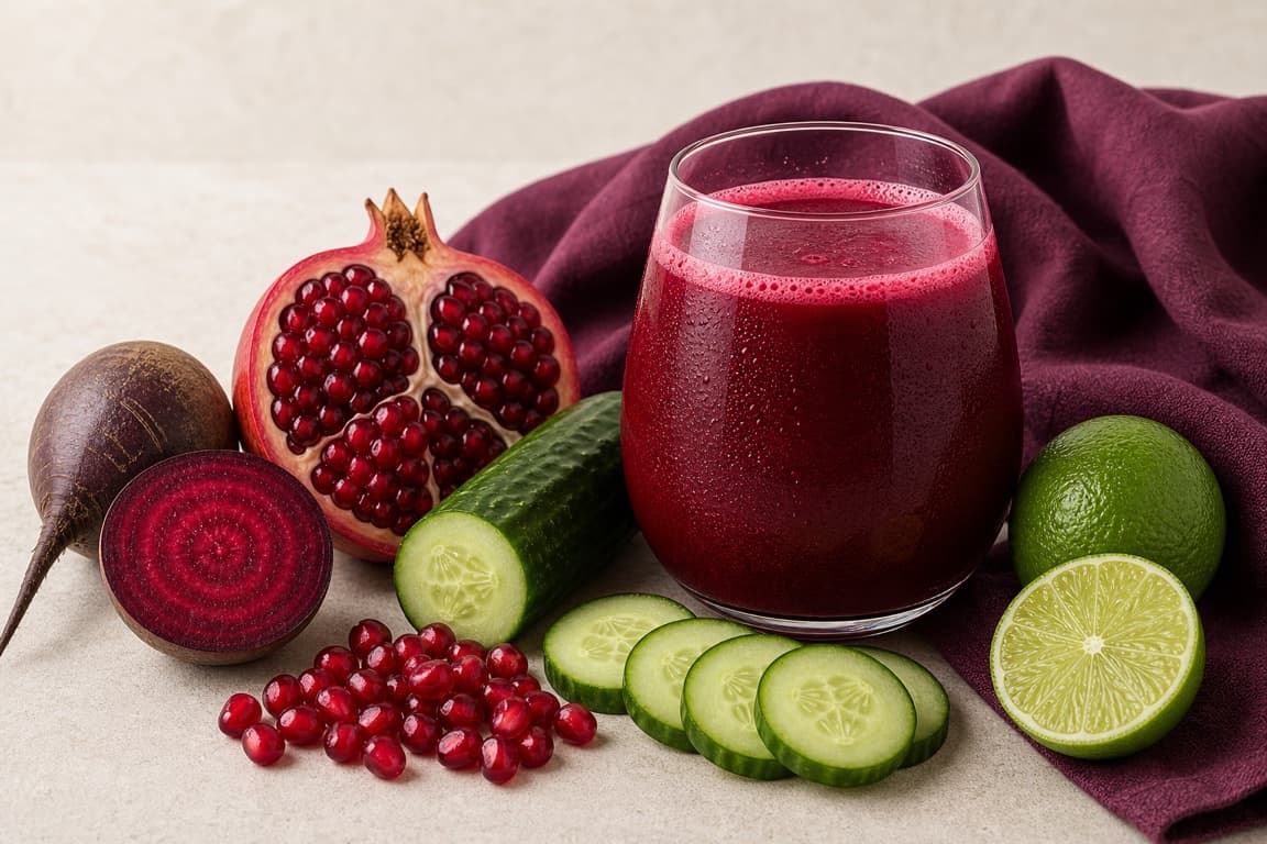 Beet Pomegranate Cucumber in a clear glass with fresh beet, pomegranate, cucumber, lime, and deep plum linen.