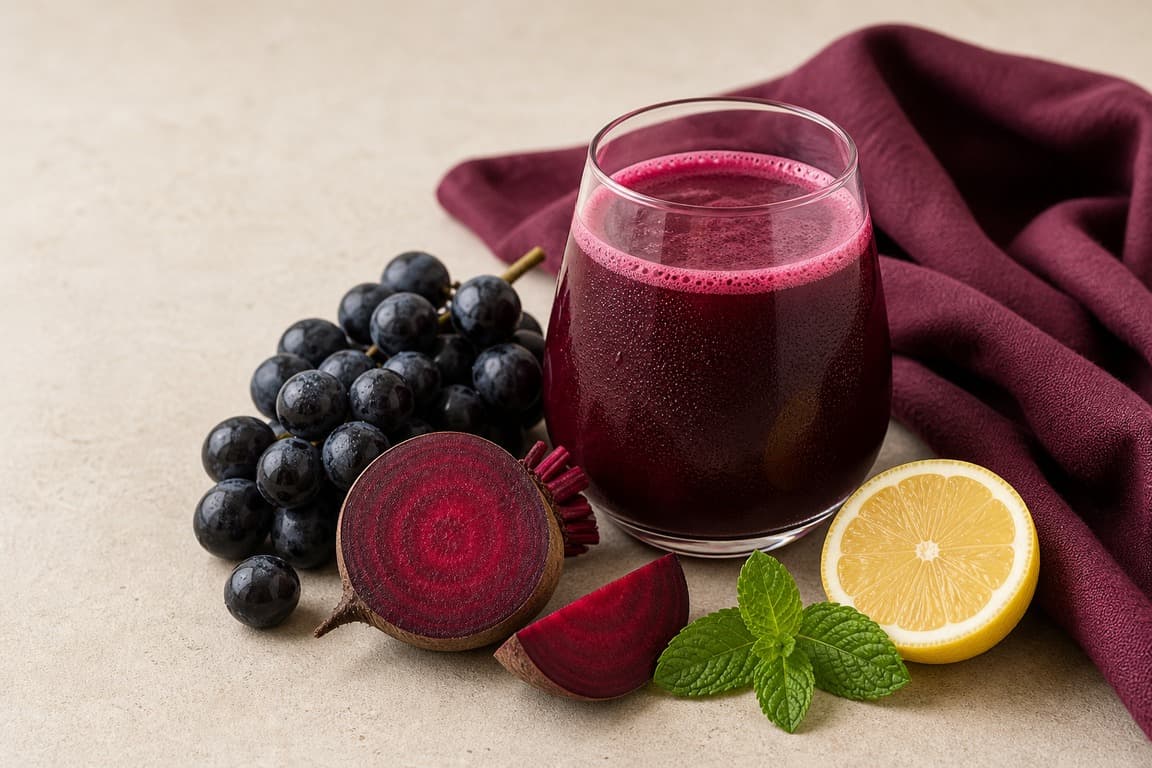 Black Grape Beet Mint in a clear glass with fresh black grape, beet, lemon, mint, and deep plum linen.