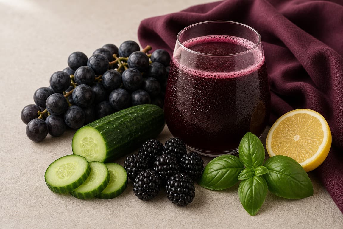 Black Grape Blackberry Basil in a clear glass with fresh black grape, blackberry, cucumber, lemon, and basil, and deep plum linen.