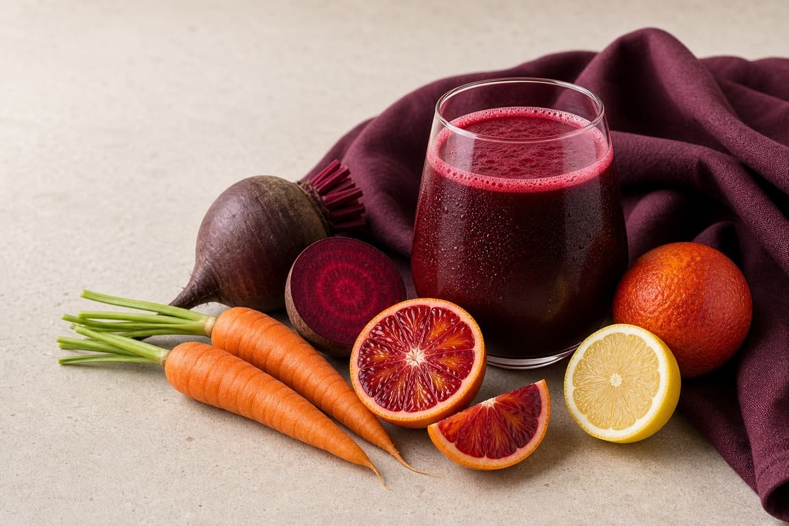 Blood Orange Beet Carrot in a clear glass with fresh beet, carrot, blood orange, lemon, and deep plum linen.
