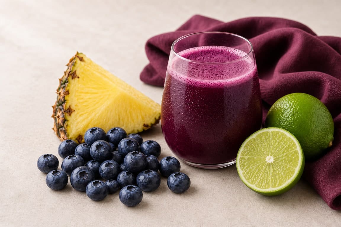 Blueberry Pineapple Lime in a clear rounded stemless tumbler on a cream surface with fresh blueberries, pineapple, and lime.