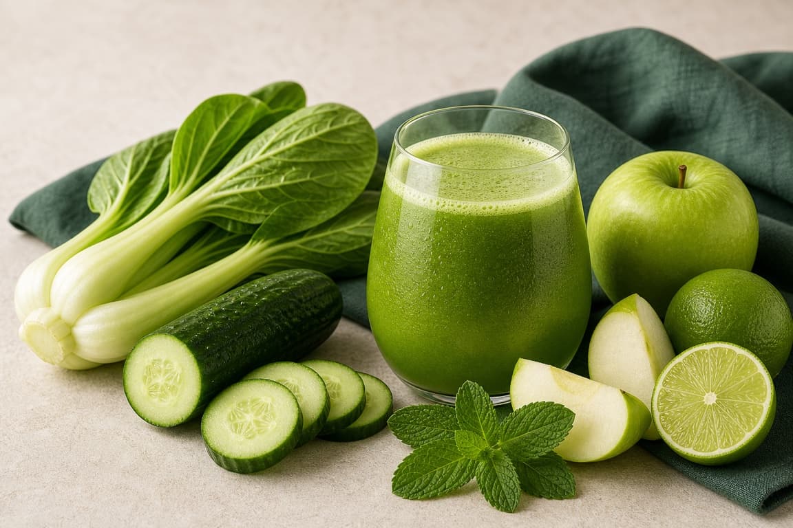 Bok Choy Apple Cucumber in a clear glass with fresh bok choy, green apple, cucumber, lime, mint, and emerald linen.