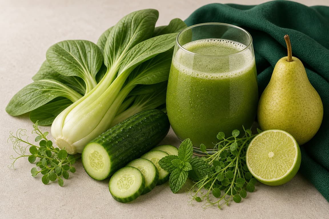 Bok Choy Pear Lime in a clear glass with fresh bok choy, pear, cucumber, pea shoots, lime, and mint, and emerald linen.