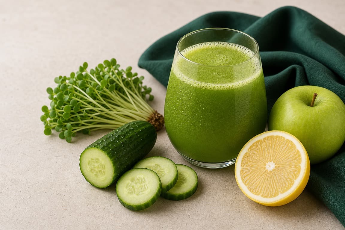 Broccoli Microgreen Cucumber Apple in a clear glass with fresh cucumber, green apple, lemon, broccoli microgreens, and emerald linen.