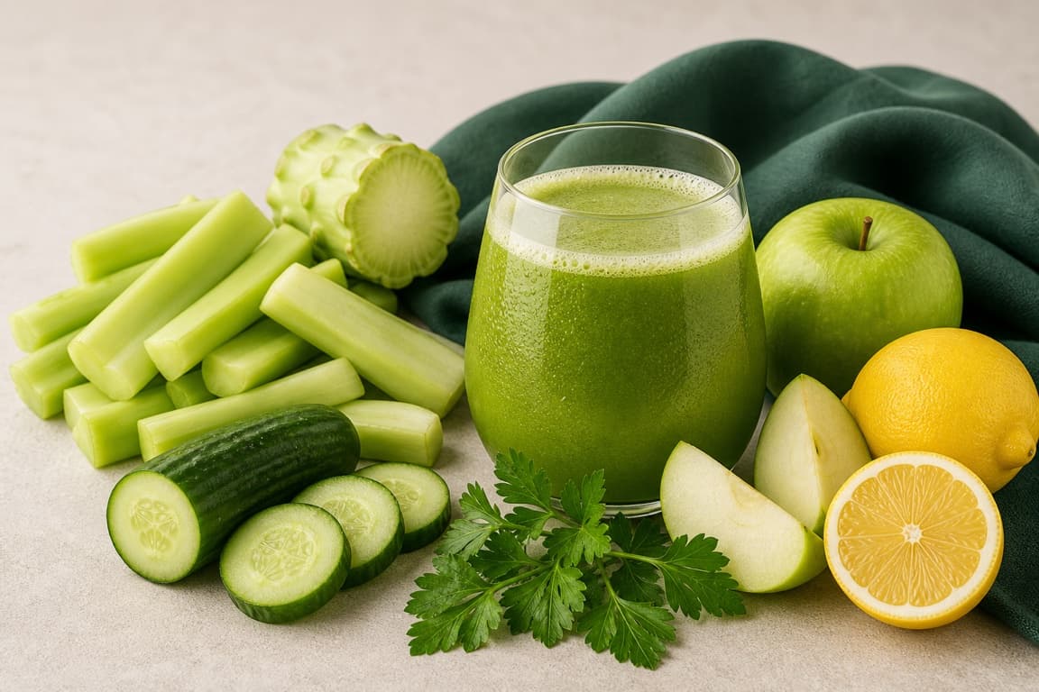 Broccoli Stem Apple Lemon in a clear glass with fresh broccoli stem, green apple, cucumber, lemon, parsley, and emerald linen.