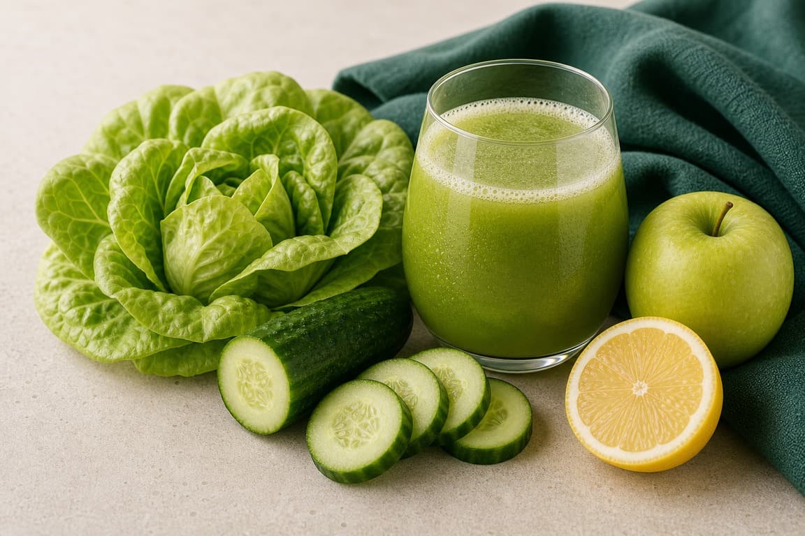 Butter Lettuce Cucumber Apple in a clear glass with fresh butter lettuce, cucumber, green apple, and lemon, and emerald linen.