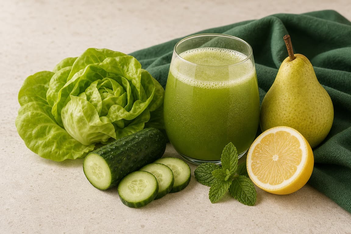 Butter Lettuce Pear Lemon in a clear glass with fresh butter lettuce, cucumber, pear, lemon, mint, and emerald linen.