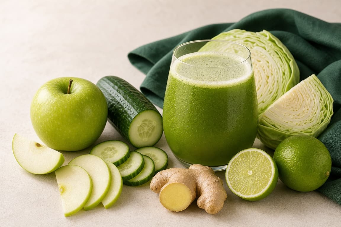 Cabbage Apple Lime in a clear glass with fresh cabbage, green apple, cucumber, lime, ginger, and emerald linen.