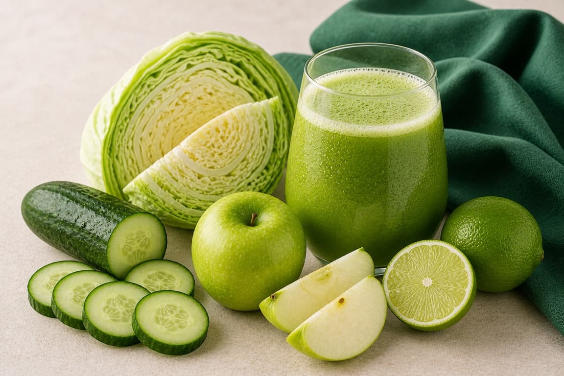 Cabbage Cucumber Apple in a clear glass with fresh cabbage, cucumber, green apple, lime, and emerald linen.