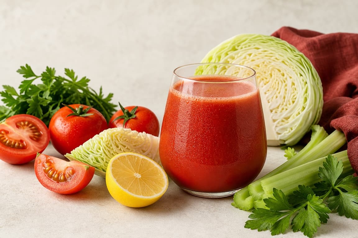 Cabbage Tomato Celery Savory in a clear glass with fresh cabbage, tomato, celery, lemon, parsley, and tomato-burgundy linen.