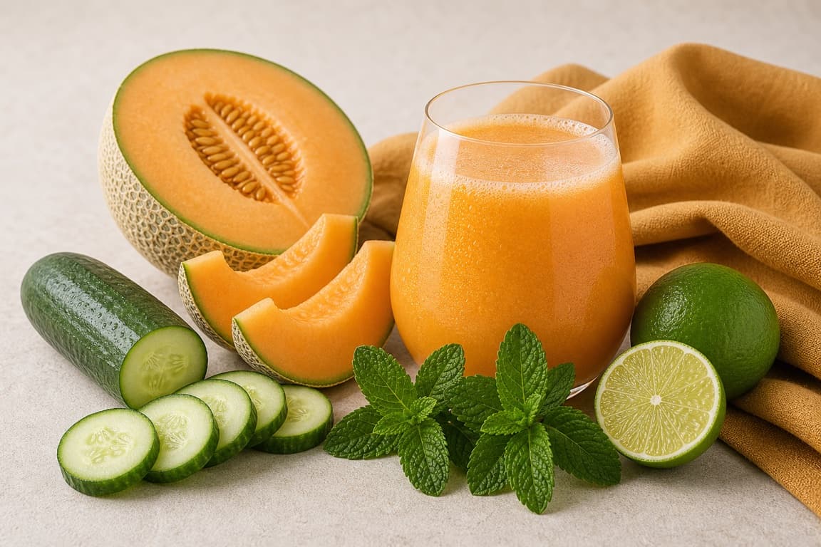 Cantaloupe Cucumber Mint in a clear glass with fresh cantaloupe, cucumber, lime, mint, and soft melon-ochre linen.