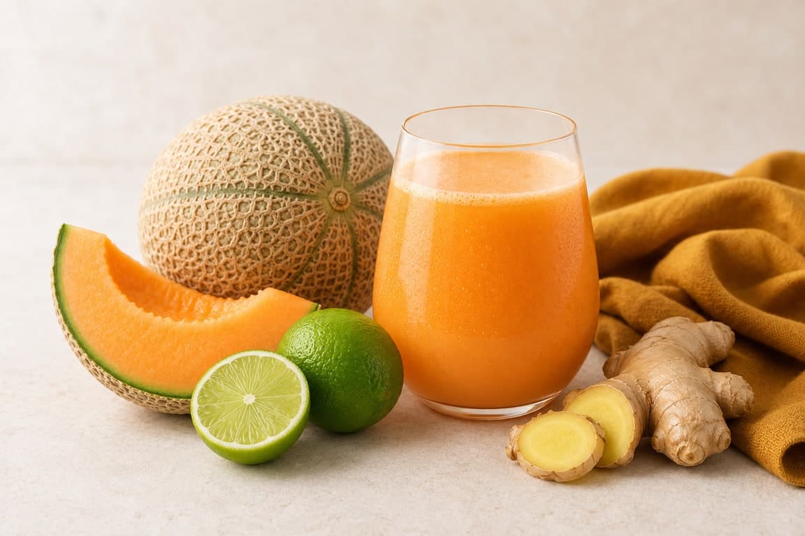 Cantaloupe Ginger Lime in a clear rounded stemless tumbler on a cream surface with fresh cantaloupe, ginger, and lime.