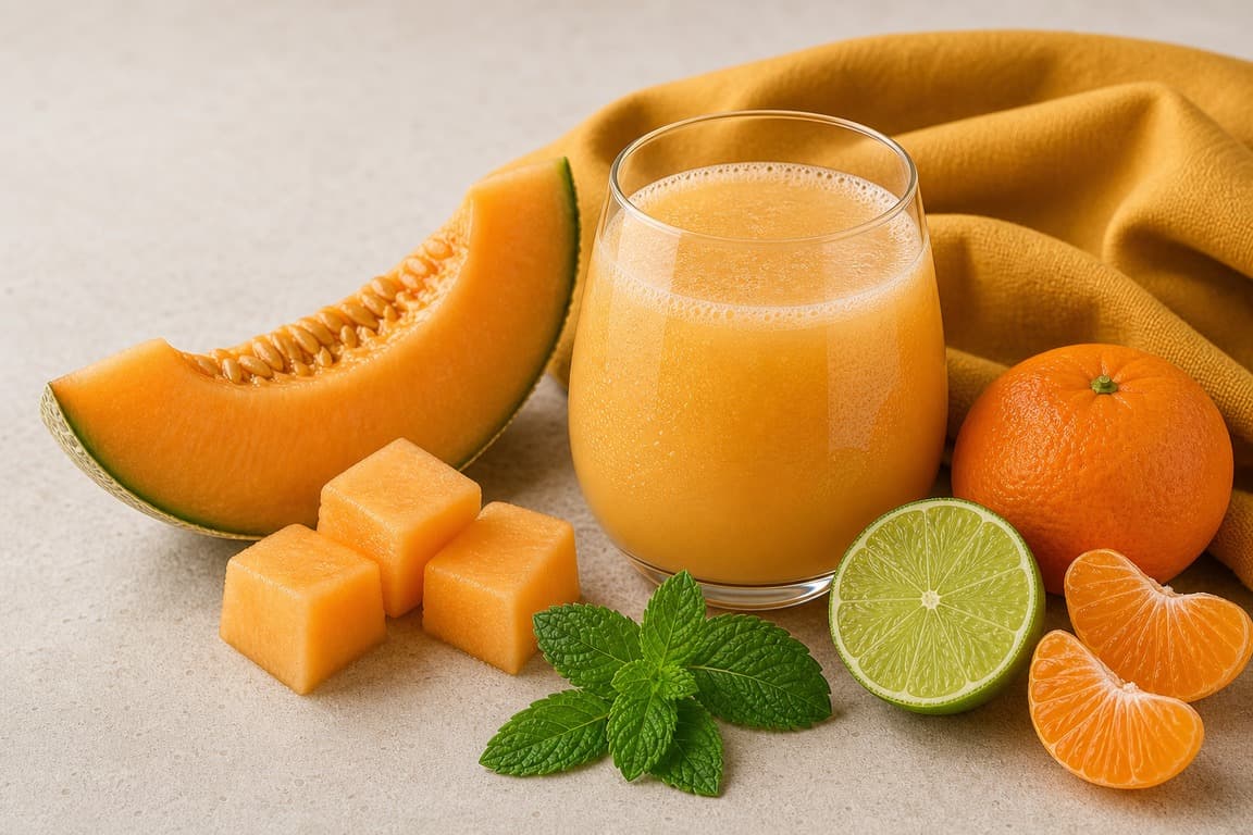 Cantaloupe Mandarin Mint in a clear glass with fresh cantaloupe, mandarin, lime, and mint, and saffron ochre linen.