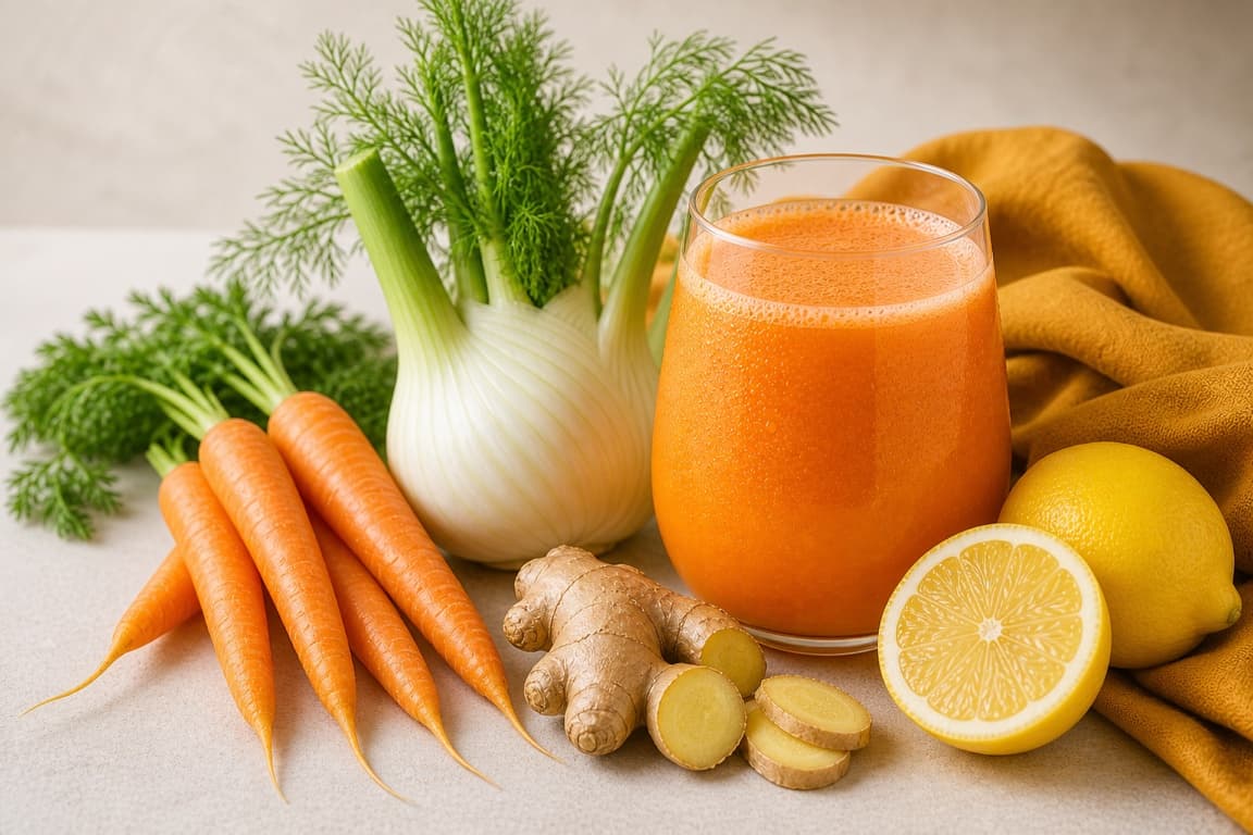 Carrot Fennel Lemon in a clear glass with fresh carrot, fennel, lemon, ginger, and saffron ochre linen.