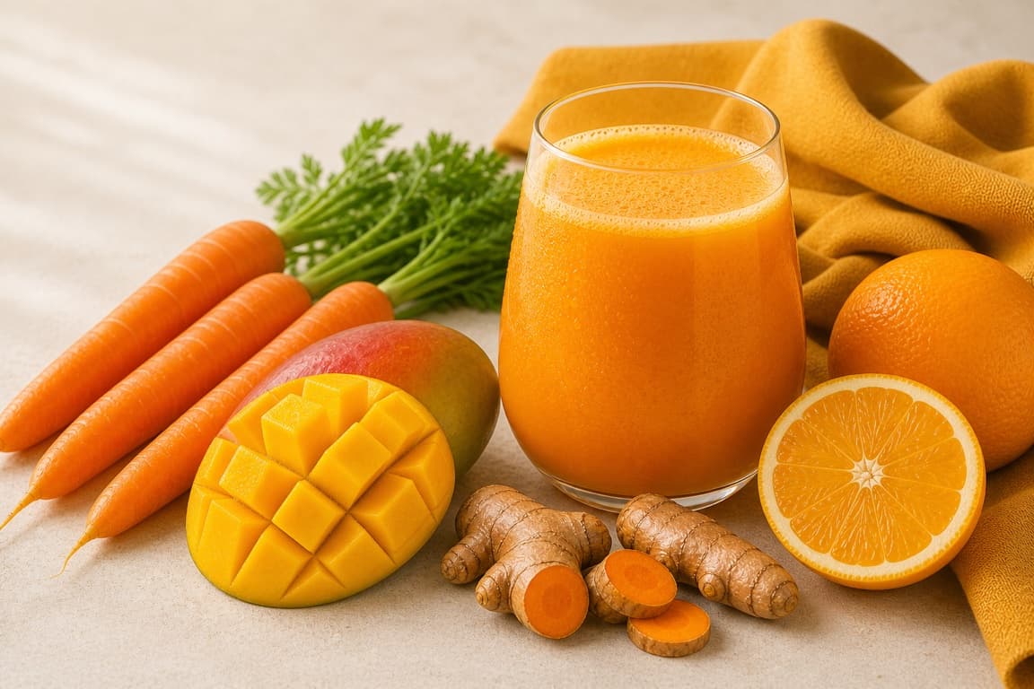 Carrot Mango Turmeric in a clear glass with fresh carrot, mango, orange, turmeric, and saffron ochre linen.