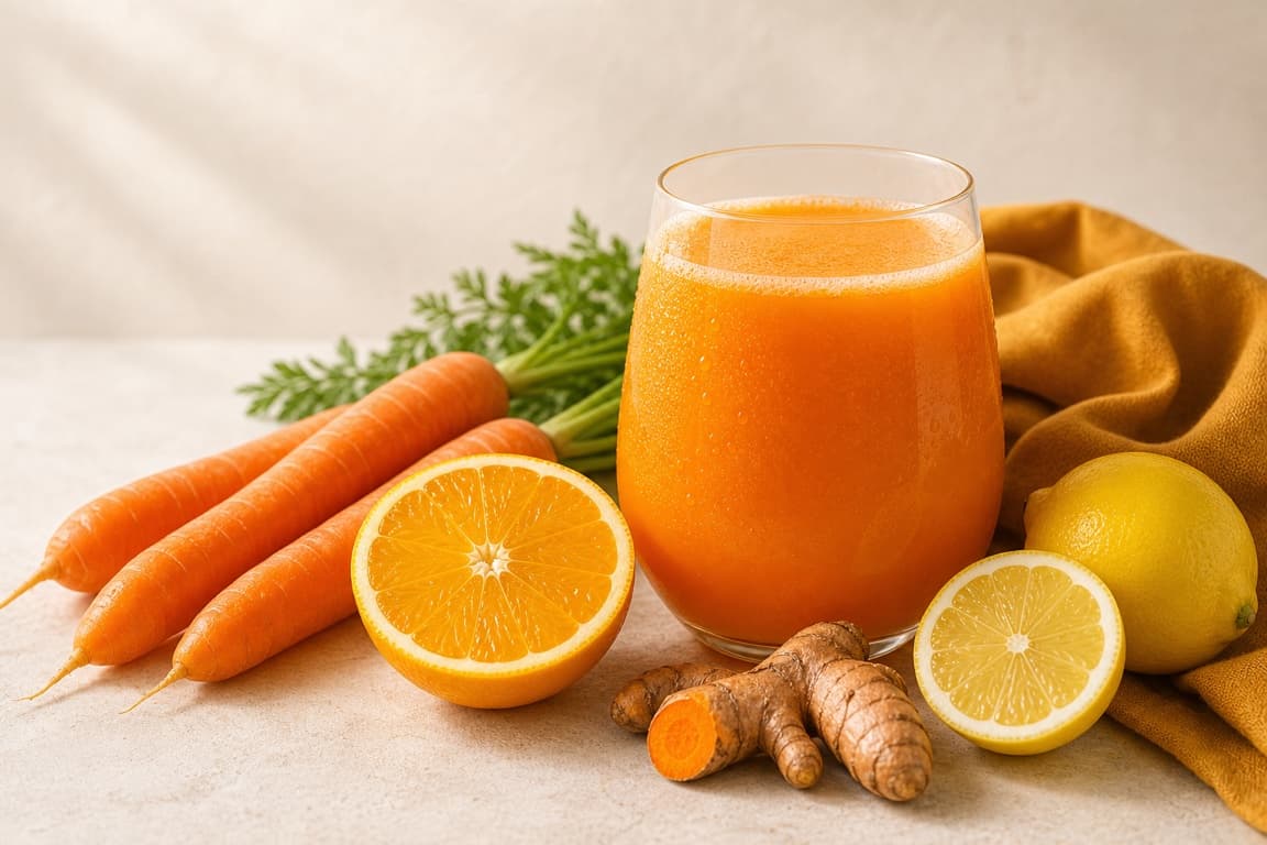 Carrot Orange Bright in a clear glass with fresh carrot, orange, lemon, turmeric, and saffron ochre linen.