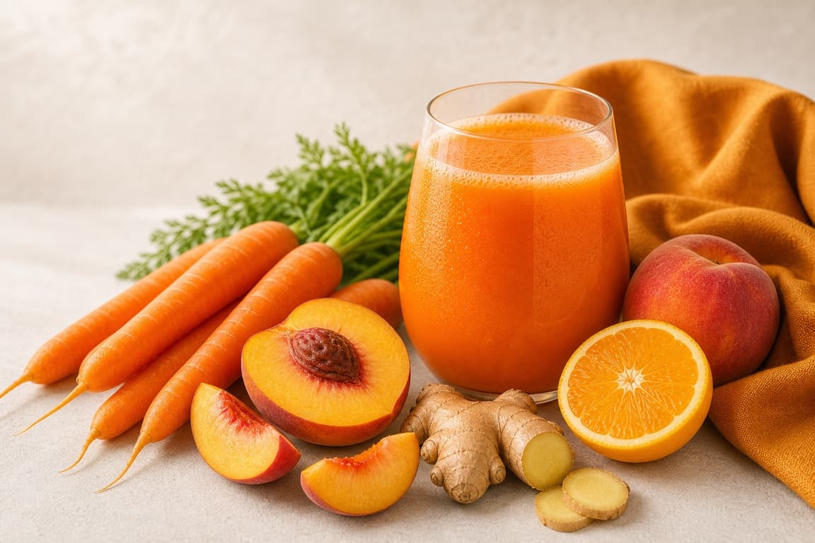 Carrot Peach Ginger in a clear glass with fresh carrot, peach, orange, ginger, and saffron ochre linen.