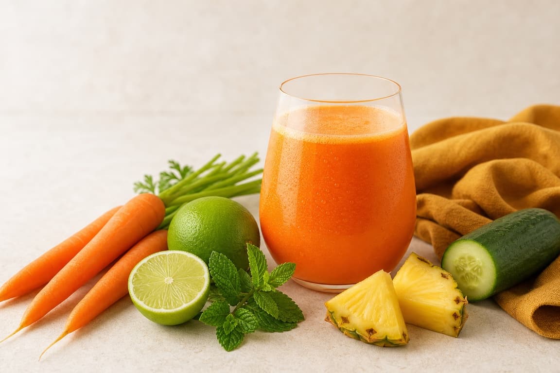Carrot Pineapple Lime in a clear glass with fresh carrot, pineapple, cucumber, lime, mint, and saffron ochre linen.
