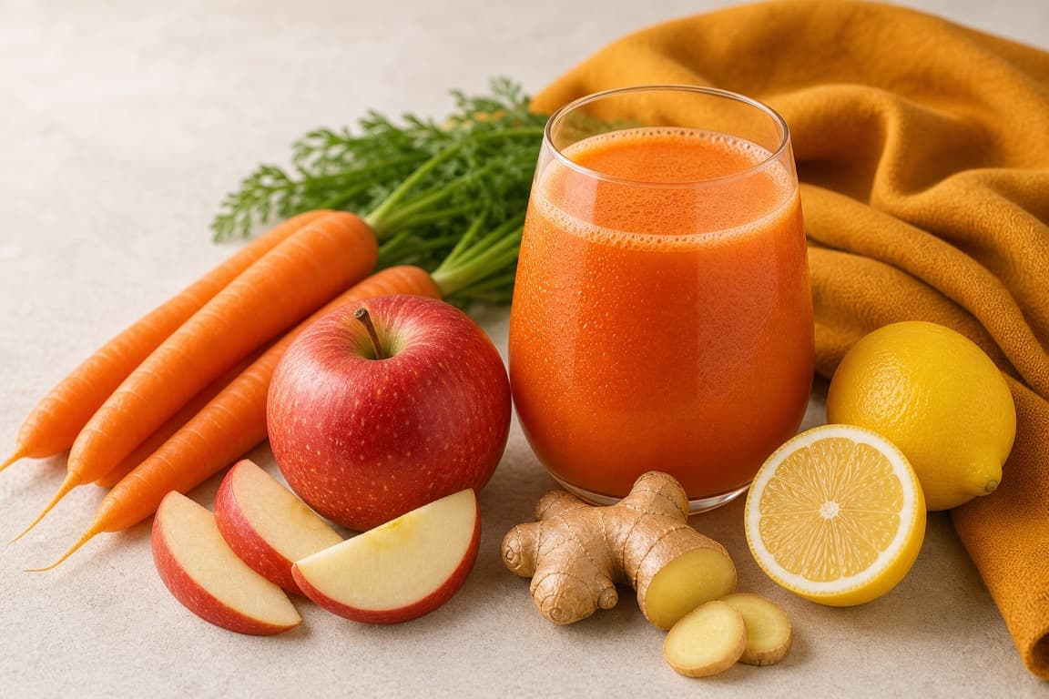 Carrot Red Apple Ginger in a clear glass with fresh carrot, red apple, lemon, ginger, and saffron ochre linen.