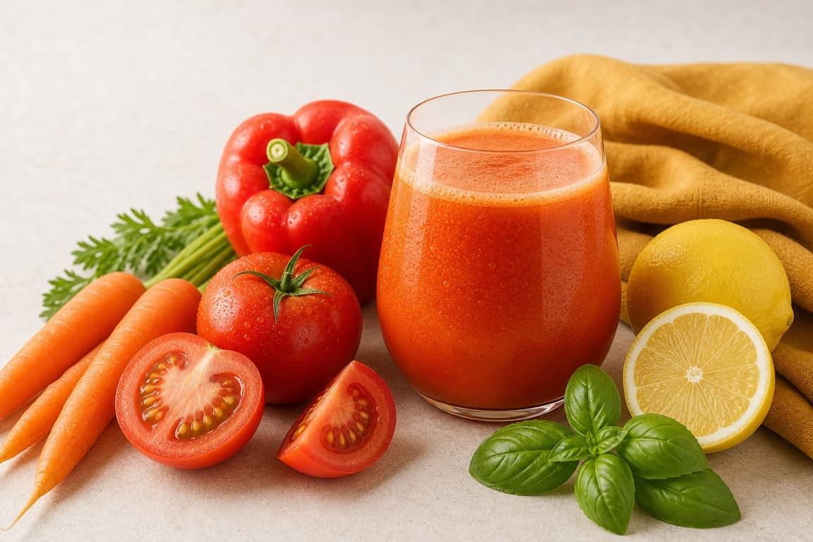 Carrot Tomato Bell Pepper in a clear glass with fresh carrot, tomato, bell pepper, lemon, basil, and saffron ochre linen.