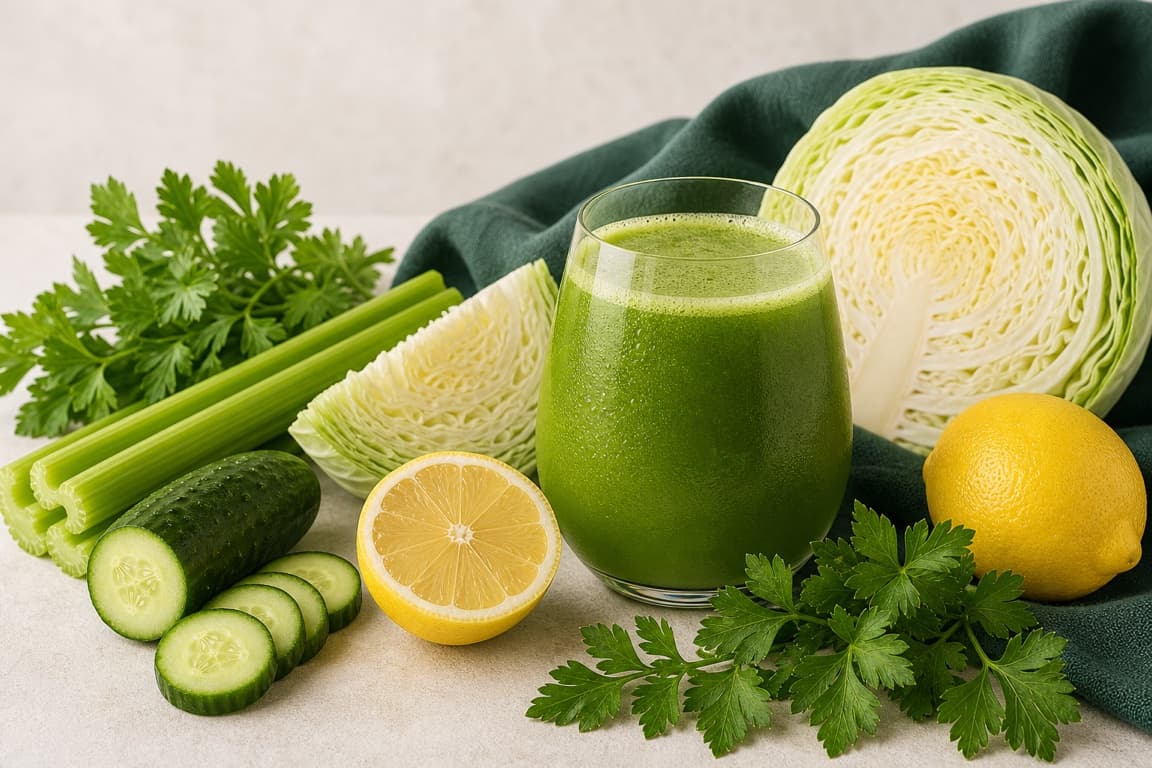 Celery Cabbage Lemon in a clear glass with fresh celery, cabbage, cucumber, lemon, parsley, and emerald linen.