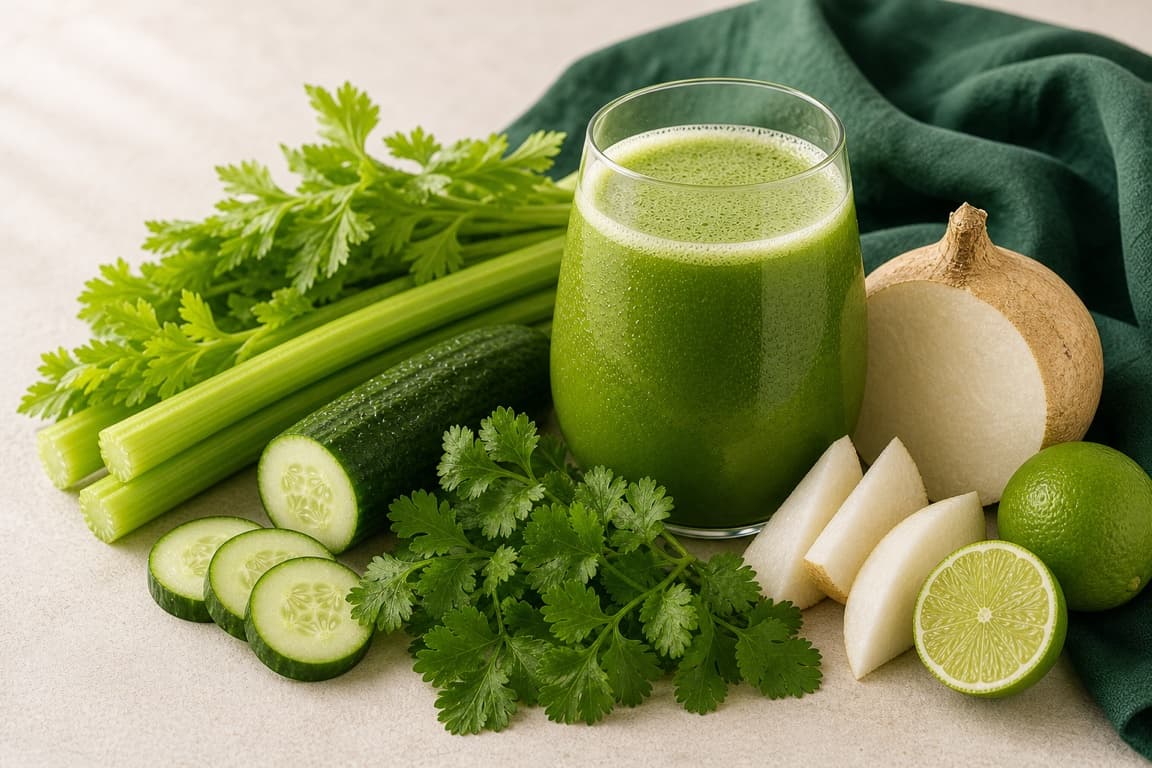 Celery Cilantro Lime in a clear glass with fresh celery, cucumber, jicama, cilantro, lime, and emerald linen.