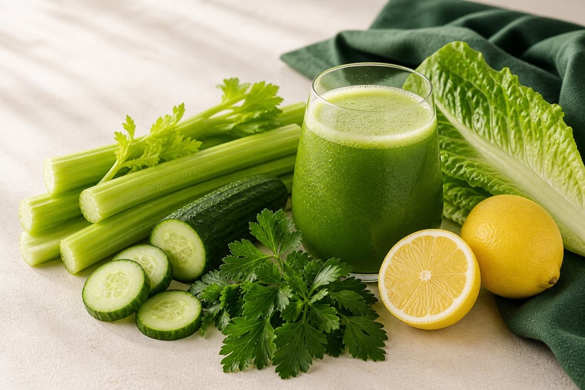 Celery Citrus Green in a clear glass with fresh celery, cucumber, romaine, parsley, lemon, and emerald linen.