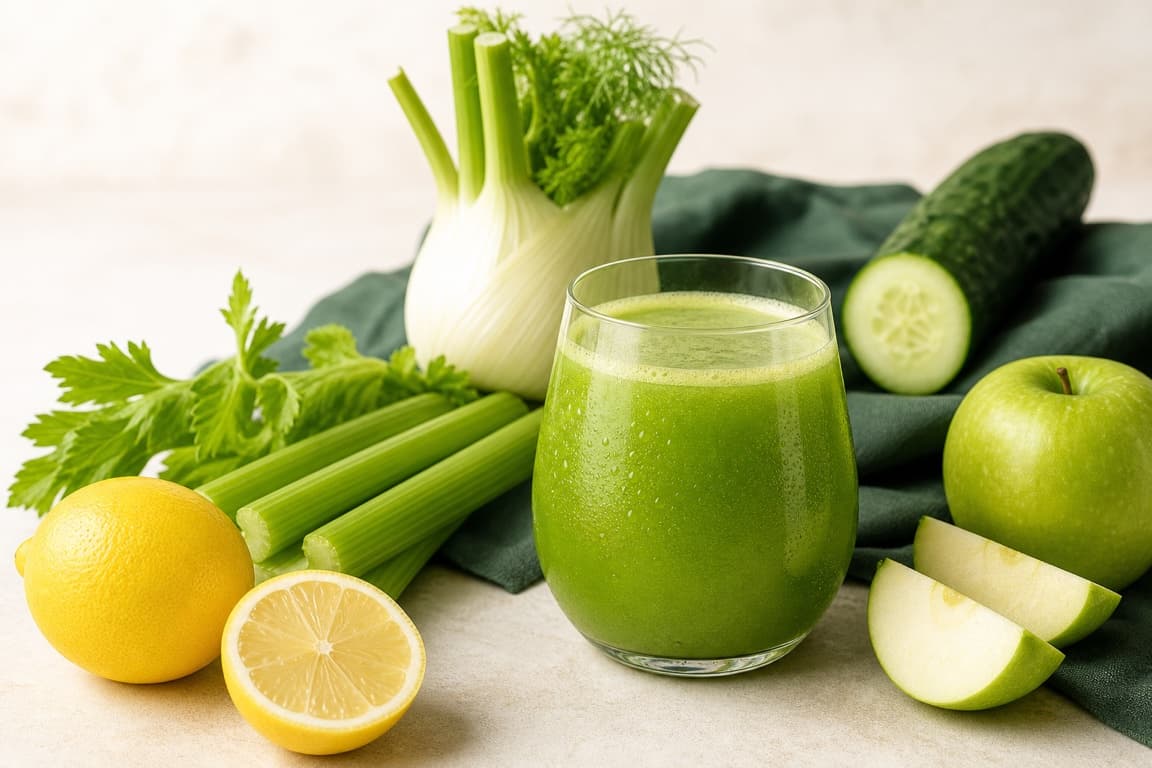 Celery Fennel Green Apple in a clear glass with fresh celery, fennel, green apple, cucumber, lemon, and emerald linen.