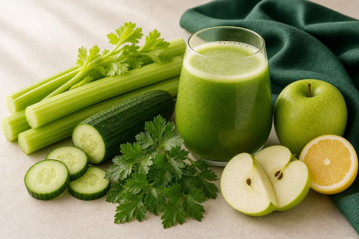 Celery Green Apple Parsley in a clear glass with fresh celery, green apple, parsley, cucumber, lemon, and emerald linen.