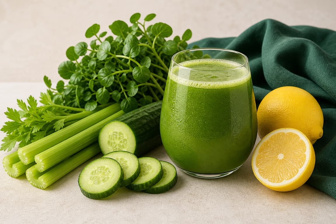 Celery Watercress Lemon in a clear glass with fresh celery, watercress, cucumber, lemon, and emerald linen.
