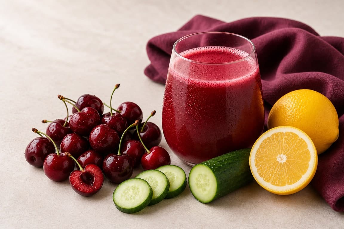 Cherry Cucumber Lemon in a clear rounded stemless tumbler on a cream surface with fresh red cherries, cucumber, and lemon.