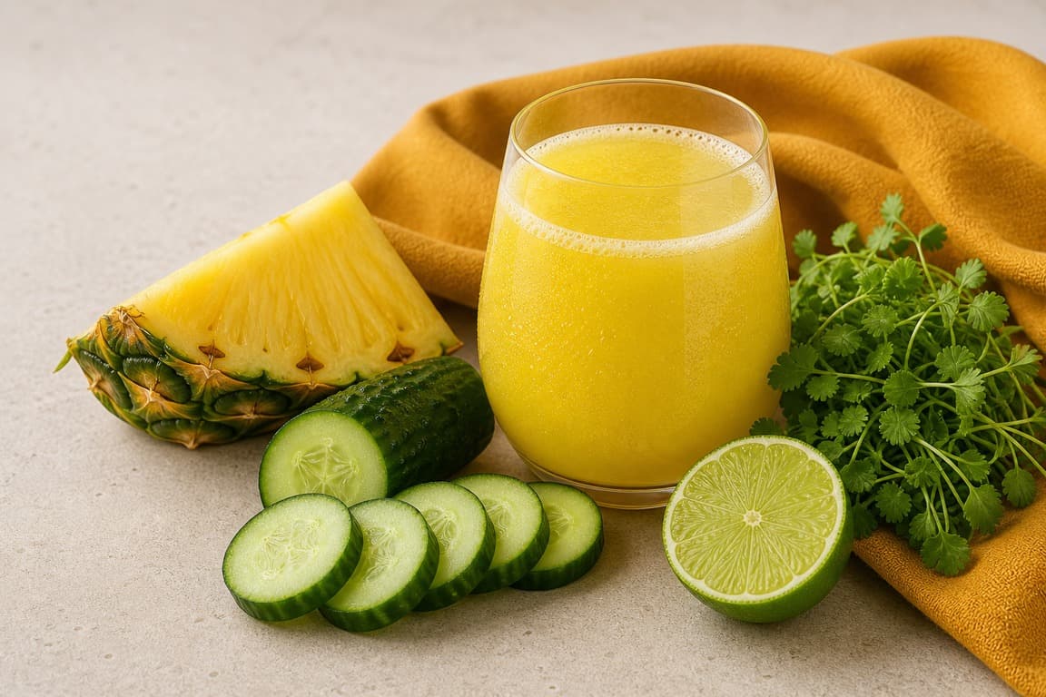 Cilantro Microgreen Pineapple Lime in a clear glass with fresh cucumber, pineapple, lime, cilantro microgreens, and saffron ochre linen.