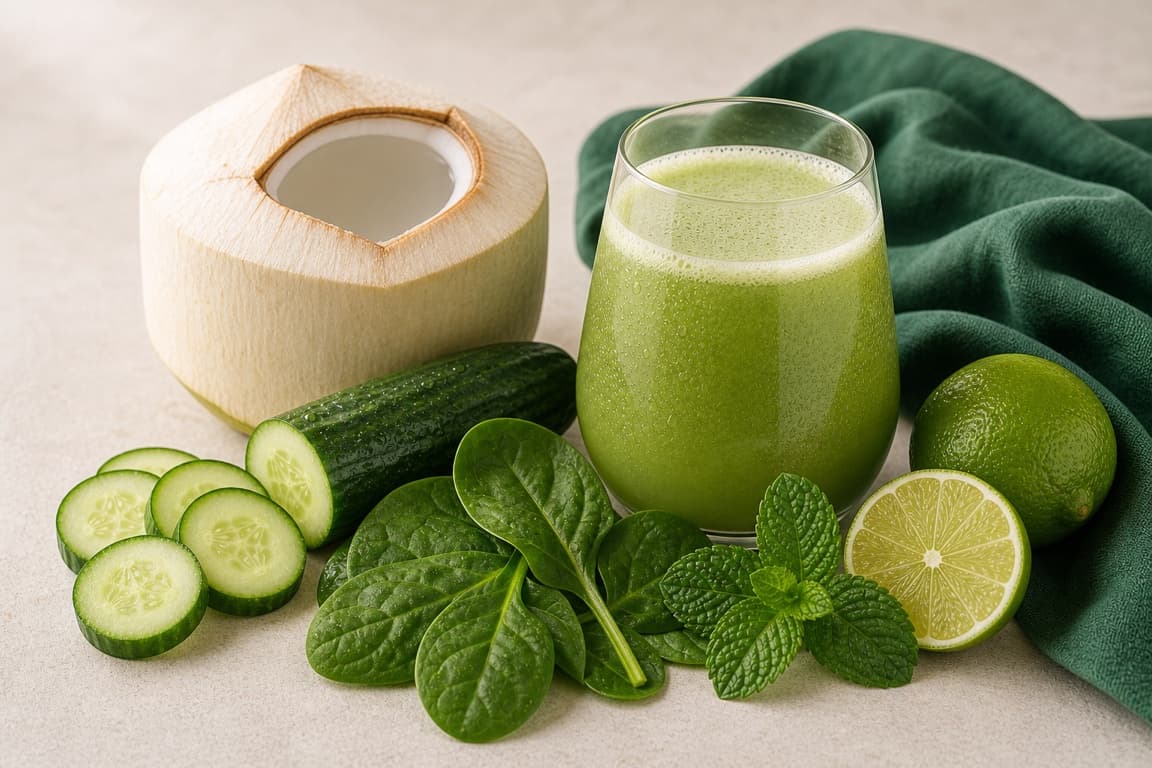 Coconut Cucumber Green in a clear glass with fresh coconut water, cucumber, spinach, lime, mint, and emerald linen.