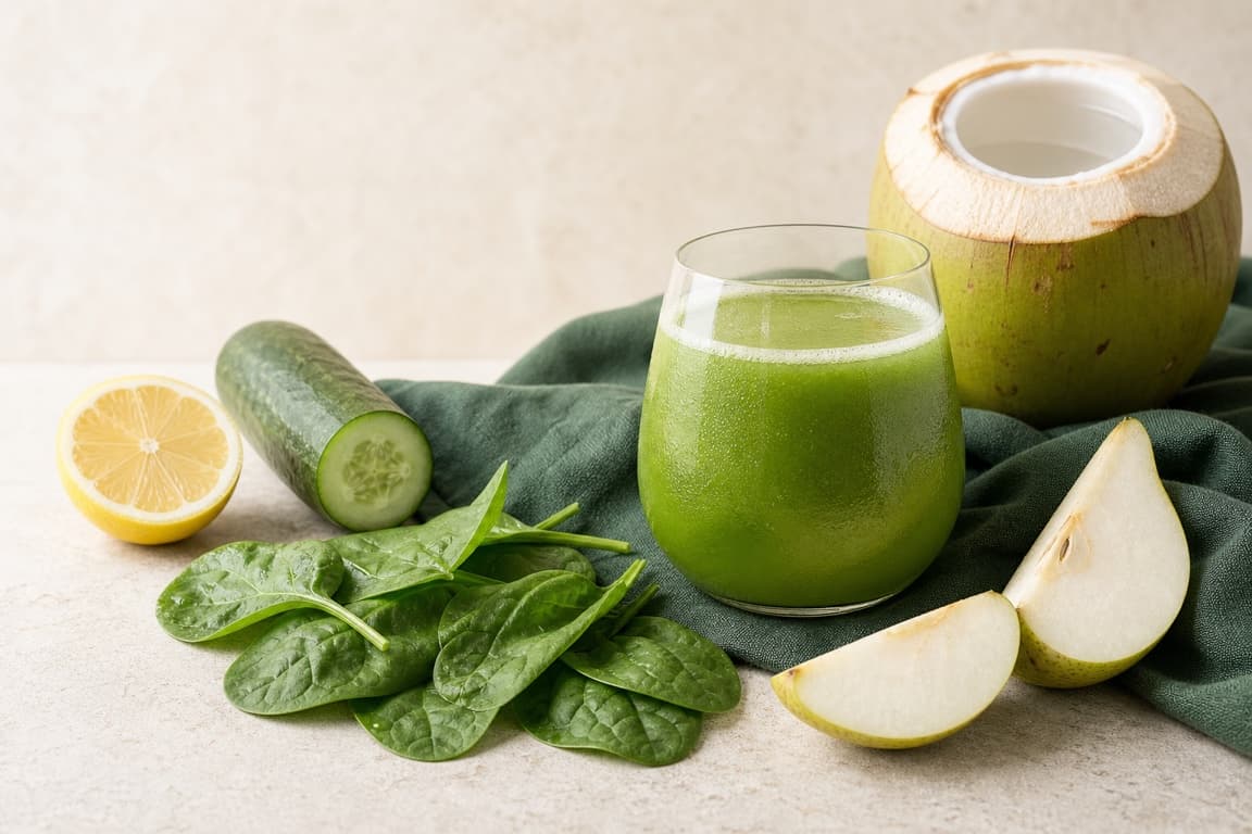 Coconut Pear Spinach in a clear glass with fresh coconut water, pear, spinach, cucumber, lemon, and deep sage linen.