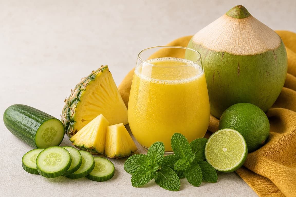 Coconut Pineapple Cucumber in a clear glass with fresh coconut water, pineapple, cucumber, lime, mint, and saffron ochre linen.