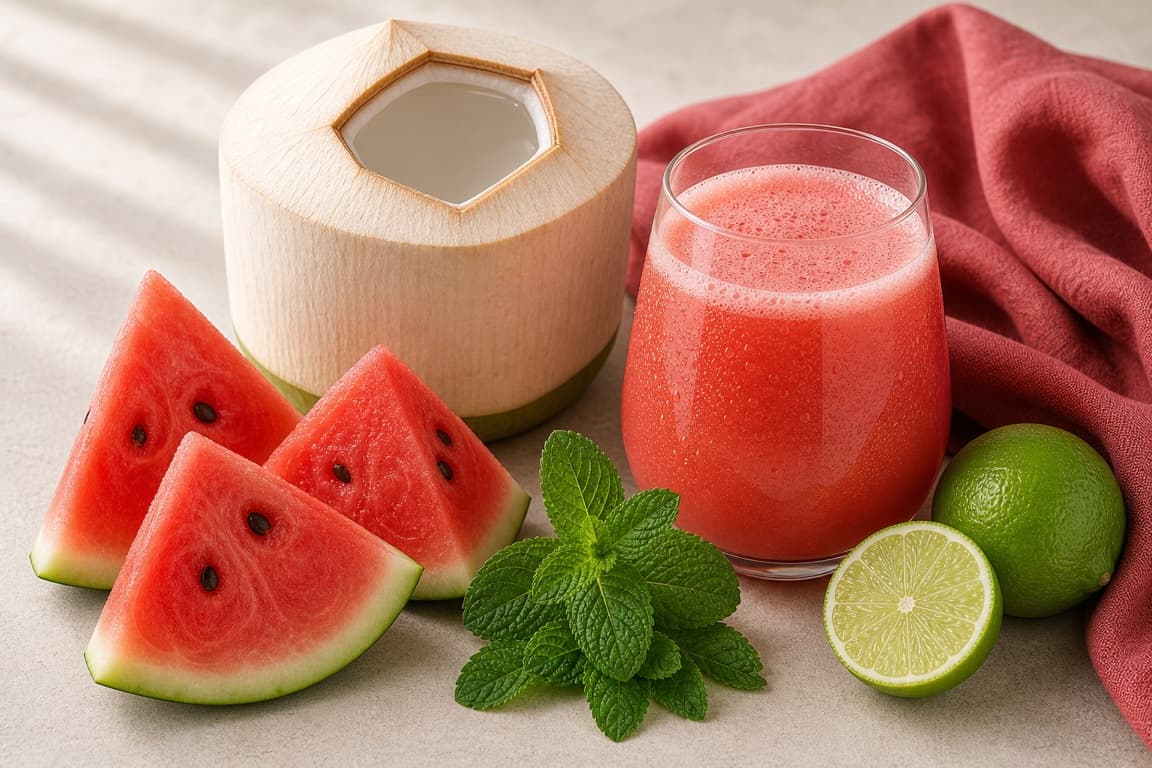 Coconut Watermelon Mint in a clear glass with fresh coconut water, watermelon, lime, mint, and muted raspberry linen.