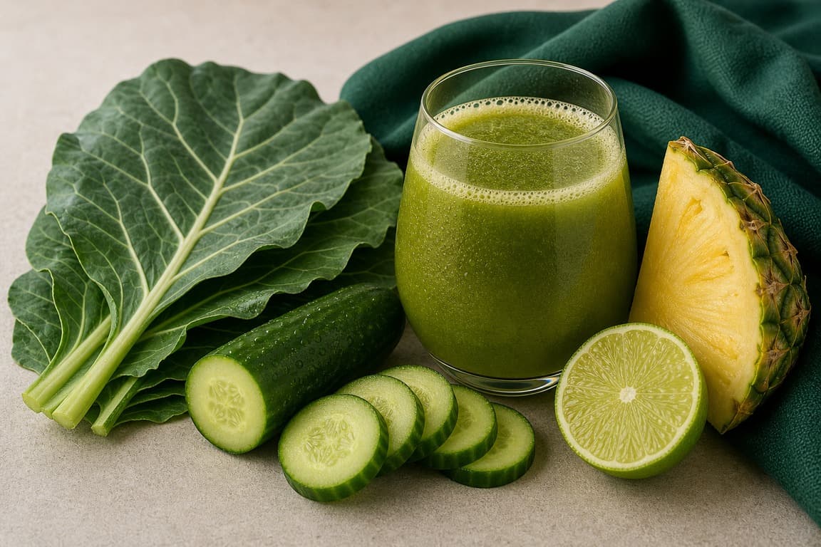 Collard Cucumber Pineapple Lime in a clear glass with fresh collard greens, cucumber, pineapple, and lime, and emerald linen.