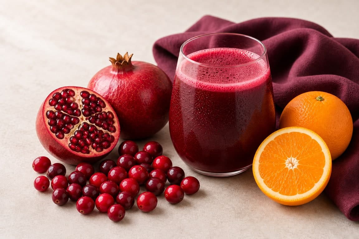Cranberry Pomegranate Orange in a clear rounded stemless tumbler on a cream surface with fresh cranberries, pomegranate, and orange.