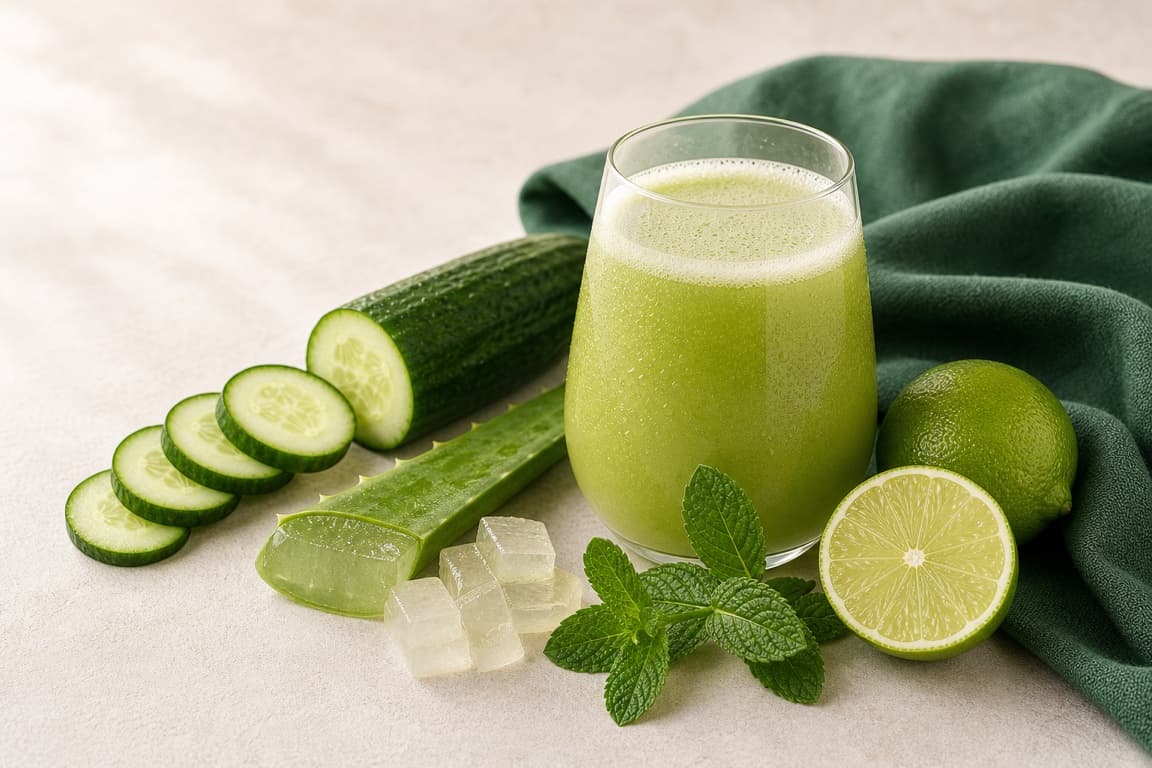 Cucumber Aloe Cooler in a clear glass with fresh cucumber, aloe vera, lime, mint, and emerald linen.