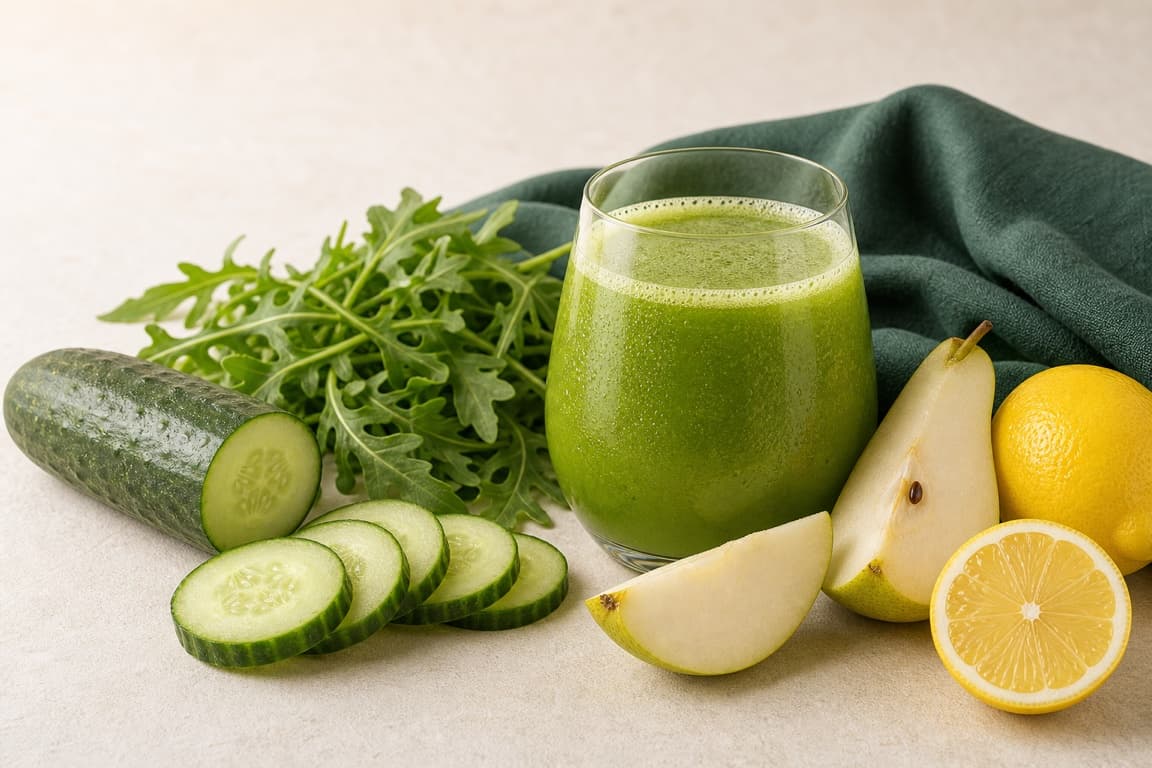 Cucumber Arugula Lemon in a clear glass with fresh cucumber, arugula, pear, lemon, and emerald linen.