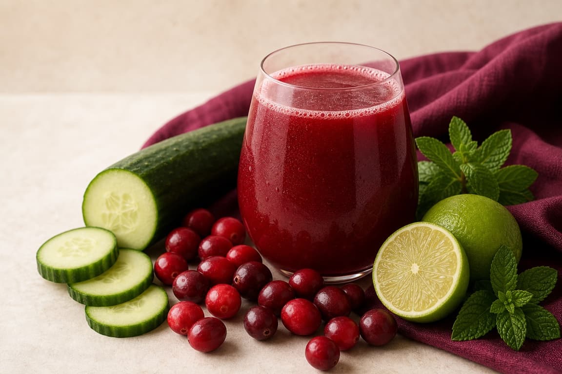 Cucumber Cranberry Lime in a clear glass with fresh cucumber, cranberry, lime, mint, and deep plum linen.