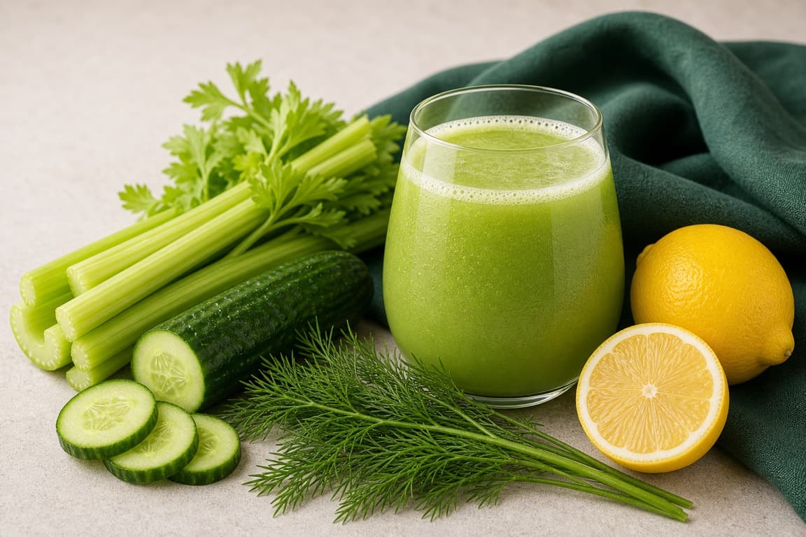 Cucumber Dill Celery in a clear glass with fresh cucumber, dill, celery, lemon, and emerald linen.
