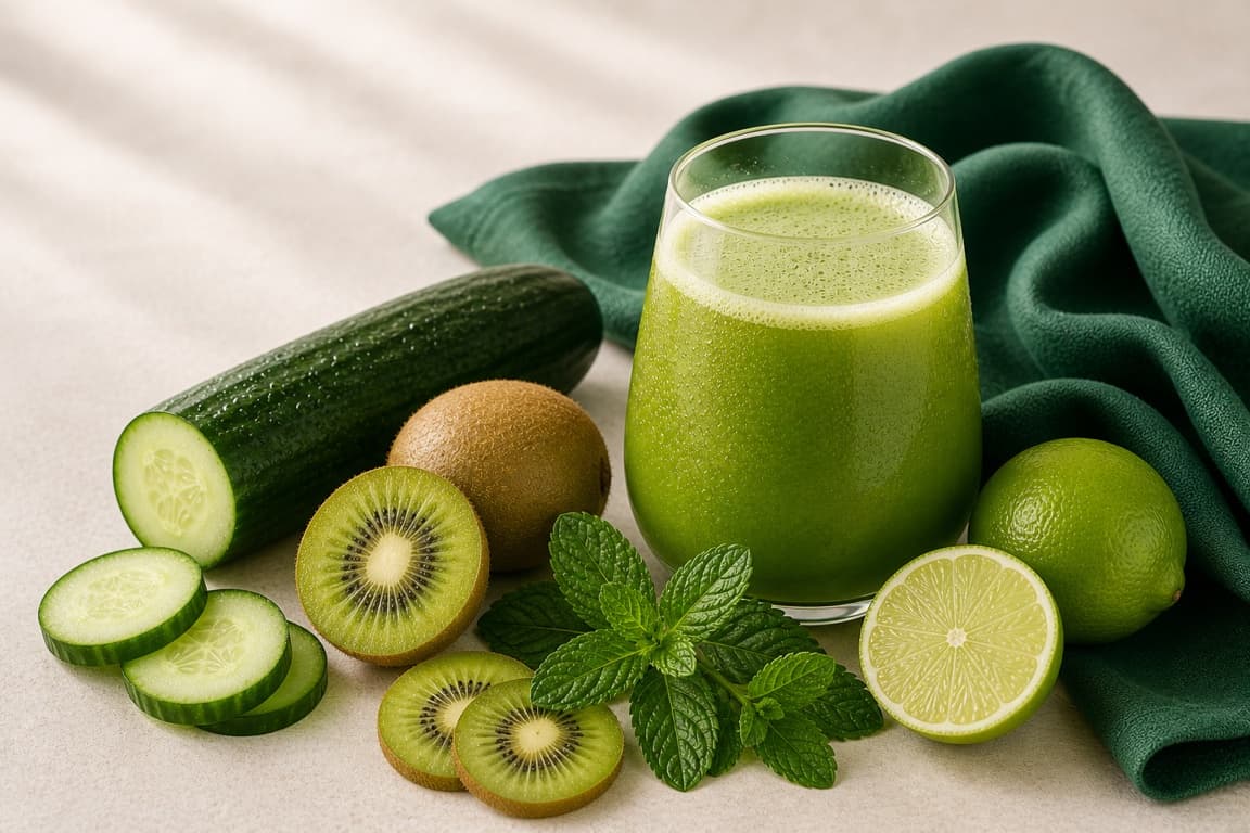Cucumber Kiwi Lime in a clear glass with fresh cucumber, kiwi, lime, mint, and emerald linen.