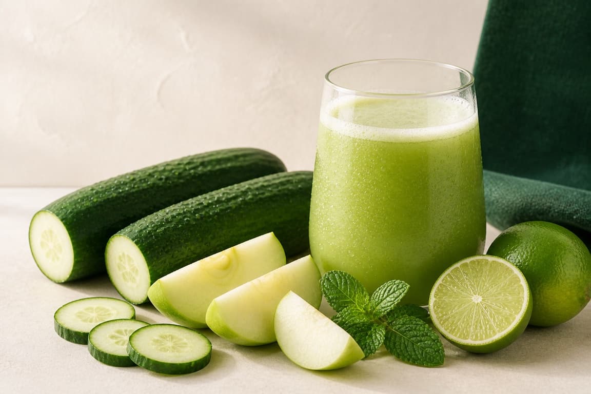 Cucumber Mint Cooler in a clear glass with fresh cucumber, green apple, lime, mint, and emerald linen.
