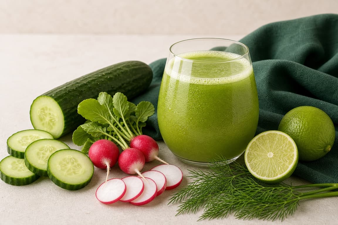 Cucumber Radish Lime in a clear glass with fresh cucumber, radish, lime, dill, and emerald linen.