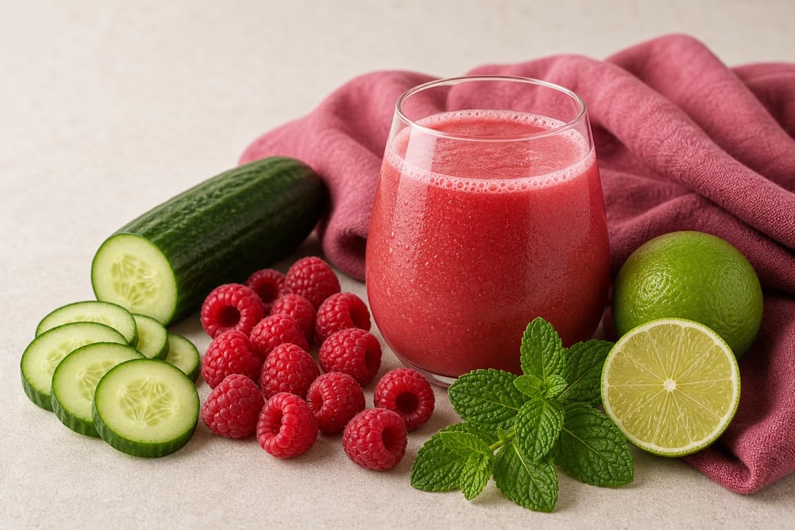 Cucumber Raspberry Lime in a clear glass with fresh cucumber, raspberry, lime, mint, and muted raspberry linen.