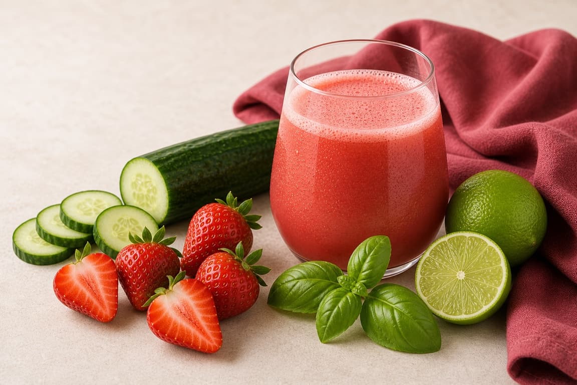 Cucumber Strawberry Basil Lime in a clear glass with fresh cucumber, strawberry, basil, lime, and muted raspberry linen.