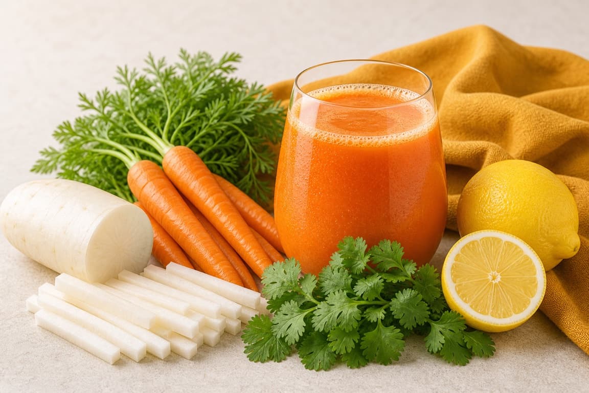 Daikon Carrot Lemon in a clear glass with fresh daikon, carrot, lemon, cilantro, and saffron ochre linen.